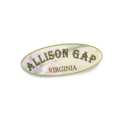 Oval-shaped sign with 'Allison Gap, Virginia' text on a marble background