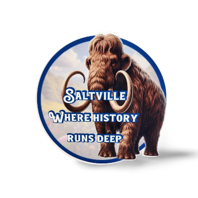 Circular logo with a woolly mammoth and text 'Saltville Where History Runs Deep' on a white background