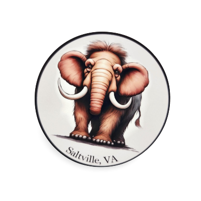 Circular sticker with an elephant illustration and 'Saltville, VA' text on a white background