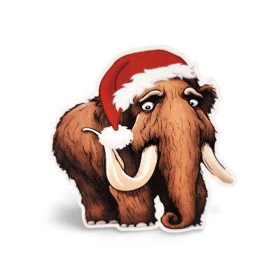 Cartoon mammoth wearing a Santa hat on a white background