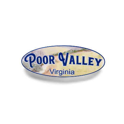Oval-shaped sign with 'Poor Valley Virginia' text on a white background