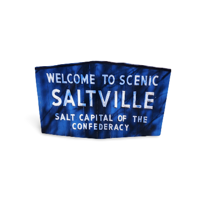 Blue banner with white text 'Welcome to Scenic Saltville, Salt Capital of the Confederacy' on a white background