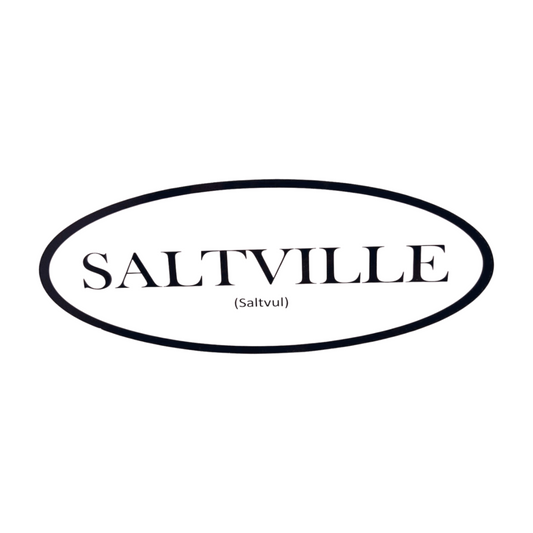 Black oval logo with 'SALTVILLE' text on a white background