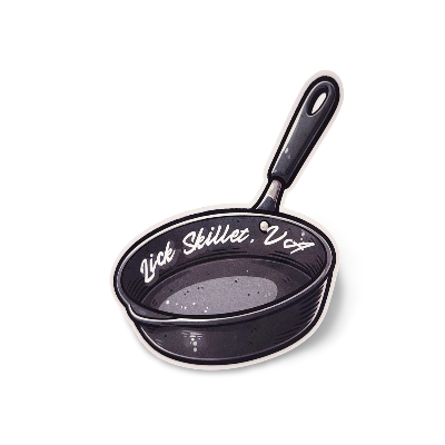 Black frying pan with 'Lick Skillet' text on a white background