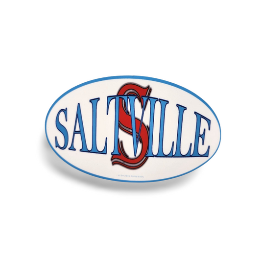 Oval-shaped 'SALTVILLE' logo with a red 'S' on a white background