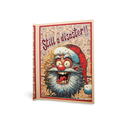 Card with a cartoon character and text 'Still a disaster!!' on a decorative background