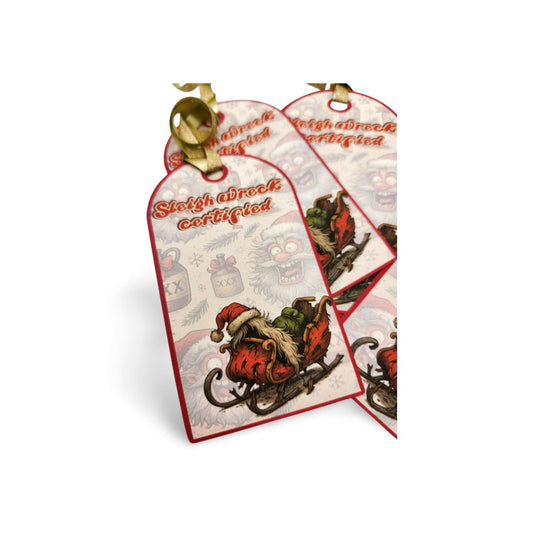 Decorative Christmas tag with Santa's sleigh and reindeer design on a white background