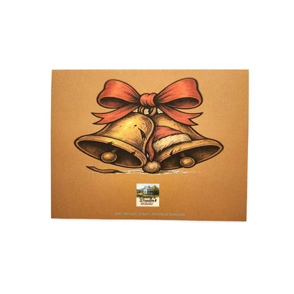 Card with illustration of bells and a bow on a brown background