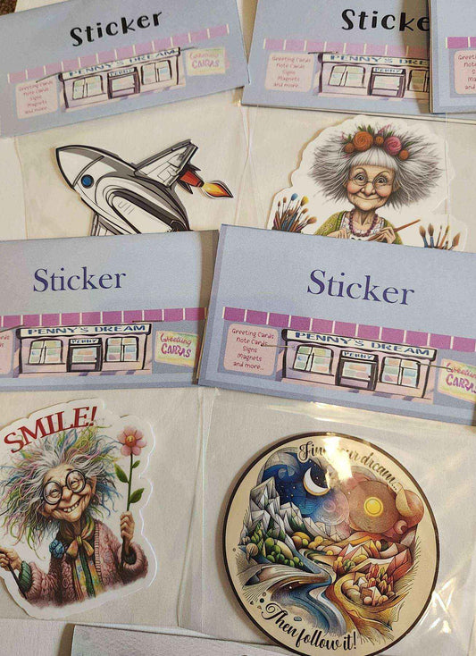 Collection of stickers with colorful designs and text on a white background