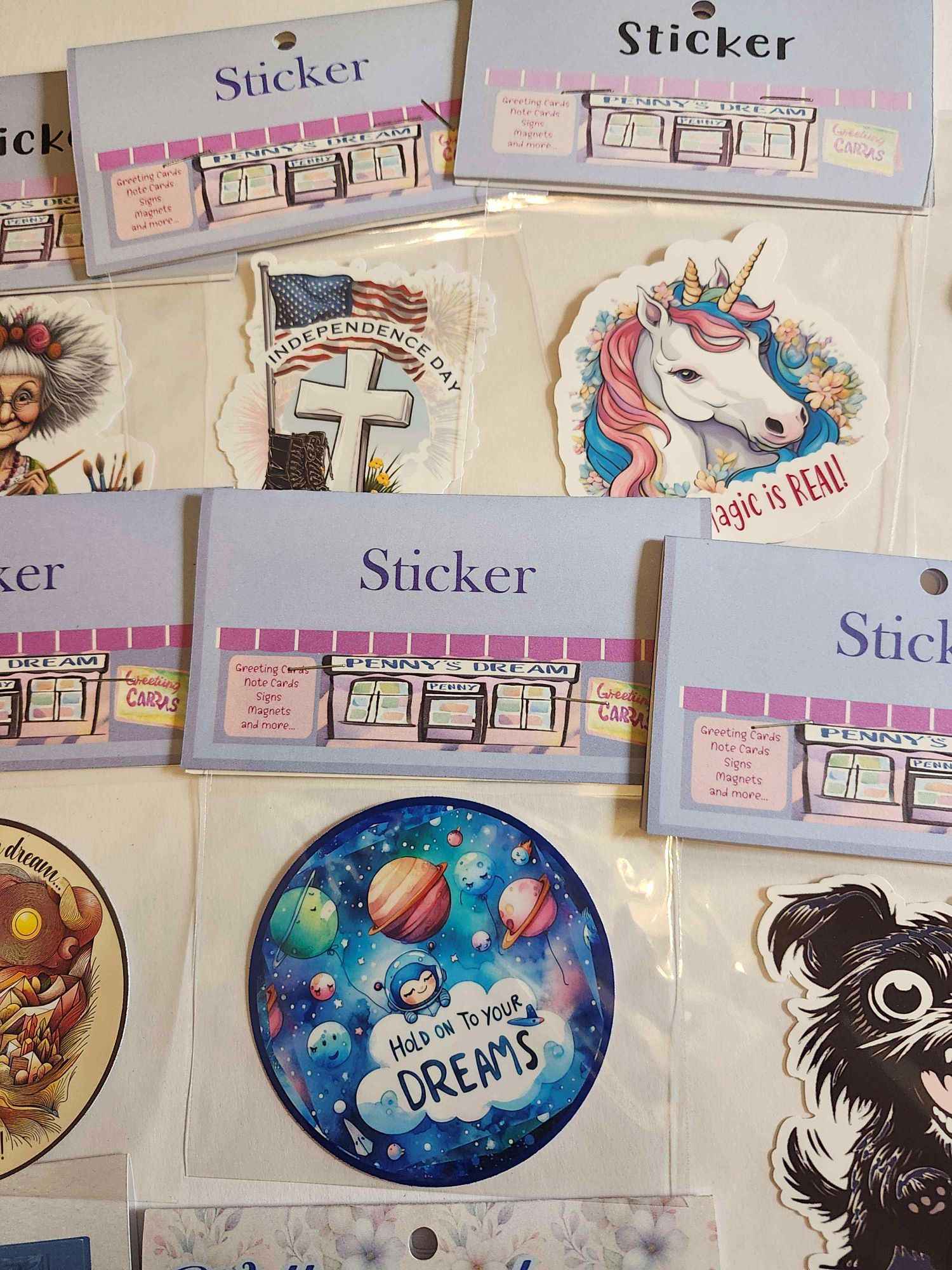 Collection of various stickers with different designs on a white background