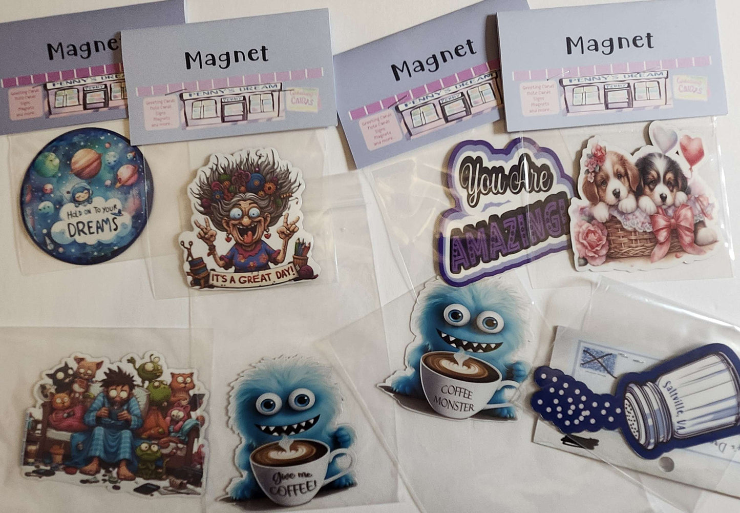 Collection of various magnets on a white background