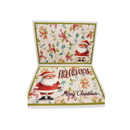 Christmas-themed card with Santa Claus and festive designs on a white background