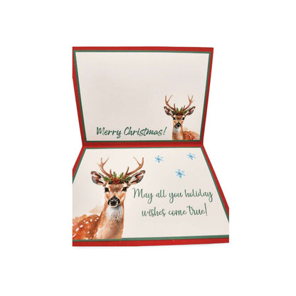 Christmas card with deer illustration and festive text on a white background
