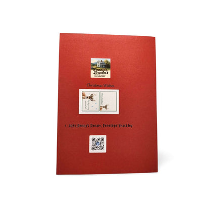 Red greeting card with printed images and text on a white background