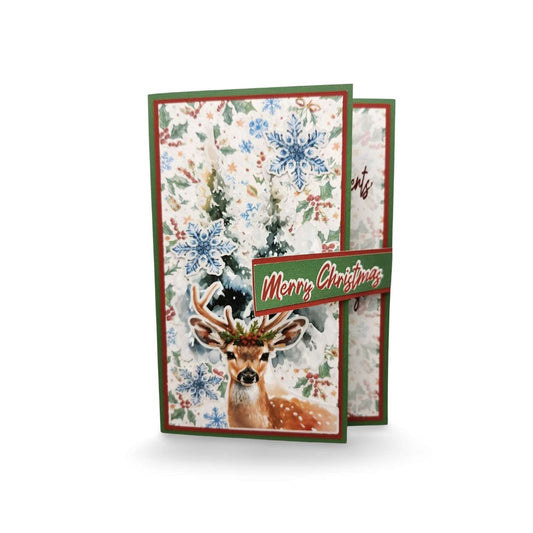 Christmas card with a deer and floral design on a white background