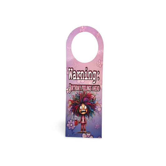 Decorative door hanger with cartoon character and text on a white background