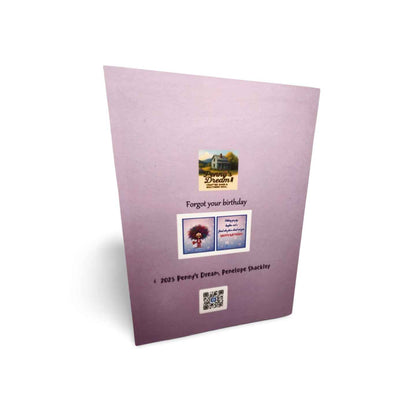 Purple card with text and a logo on a white background