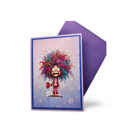 Greeting card with a colorful character on a purple envelope
