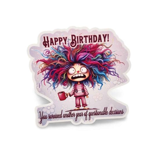 Cartoon character with colorful hair holding a coffee cup, surrounded by 'Happy Birthday!' text on a white background.