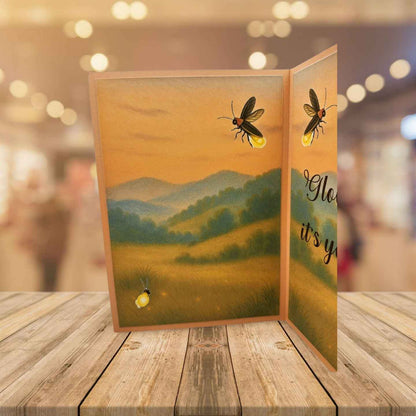 Open greeting card with nature scene and glowing insects on a wooden surface.
