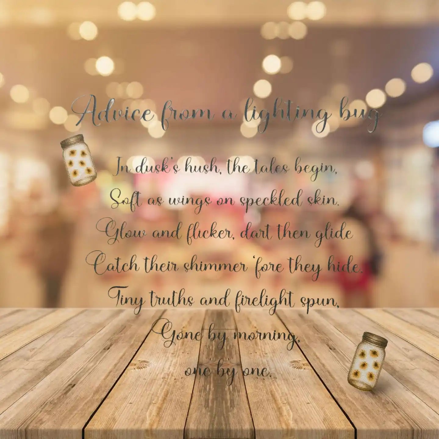 Wooden surface with a blurred background and a poem about fireflies.
