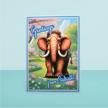 Cartoon elephant greeting card with 'Greetings from Salaville!' text on a blue background