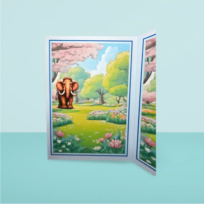 Card with a colorful illustration of an elephant in a garden on a light blue background