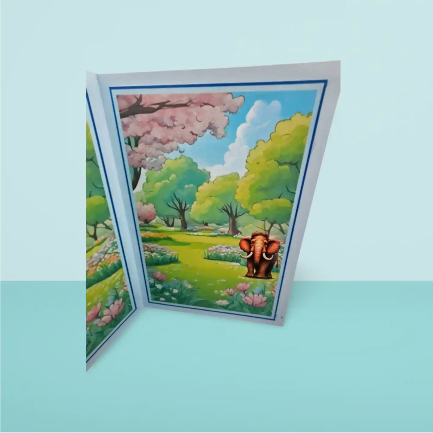 Card with a colorful illustration of an elephant in a garden on a light blue background