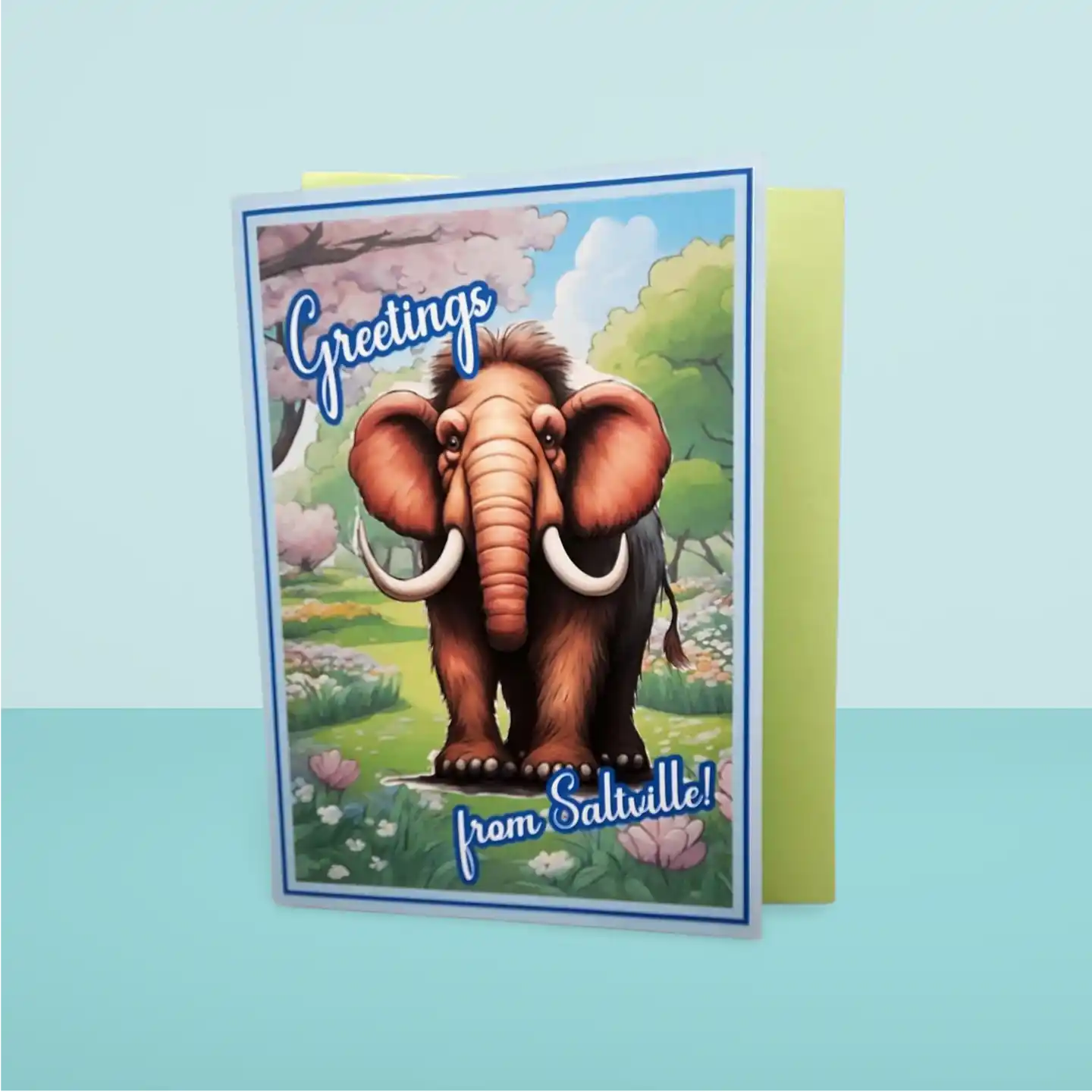 Greeting card with an elephant illustration and 'Greetings from Saltville!' text on a blue background