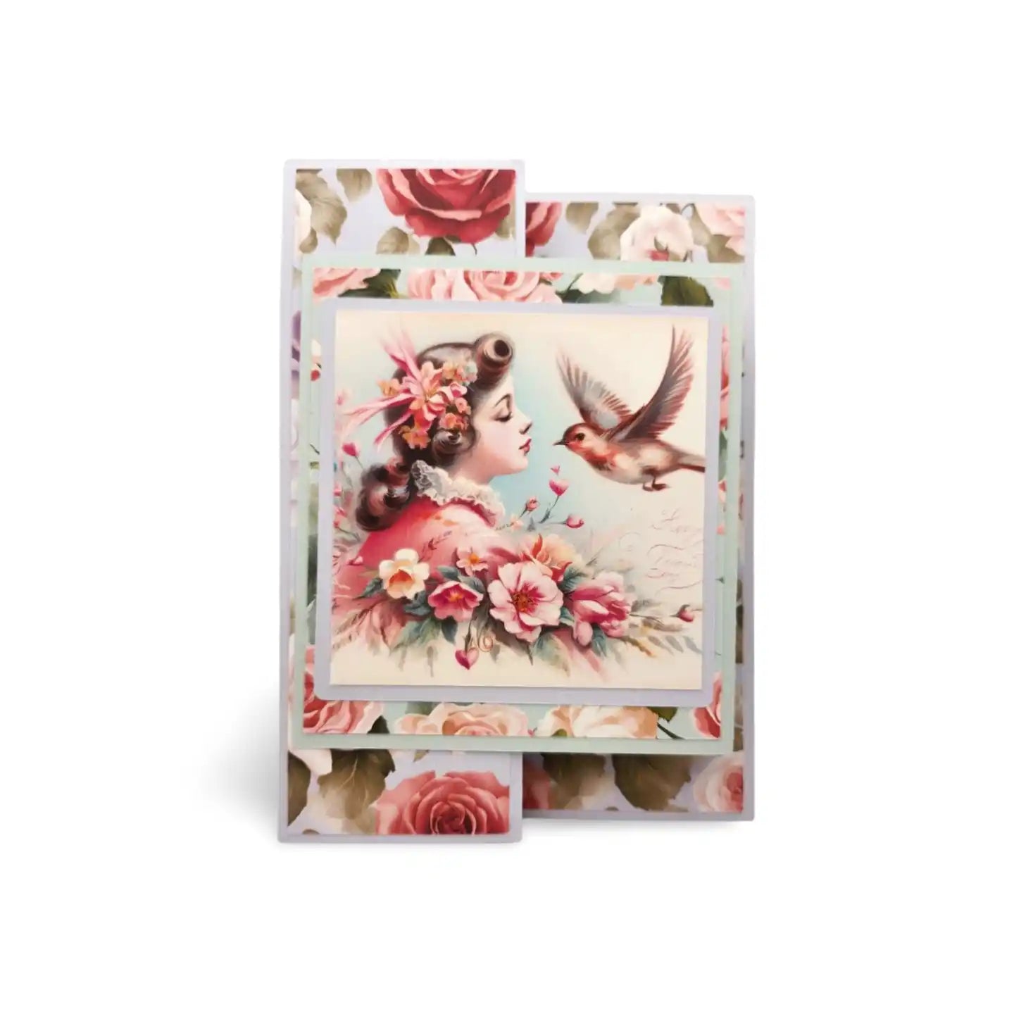 Vintage-style greeting card with floral and bird design on a white background