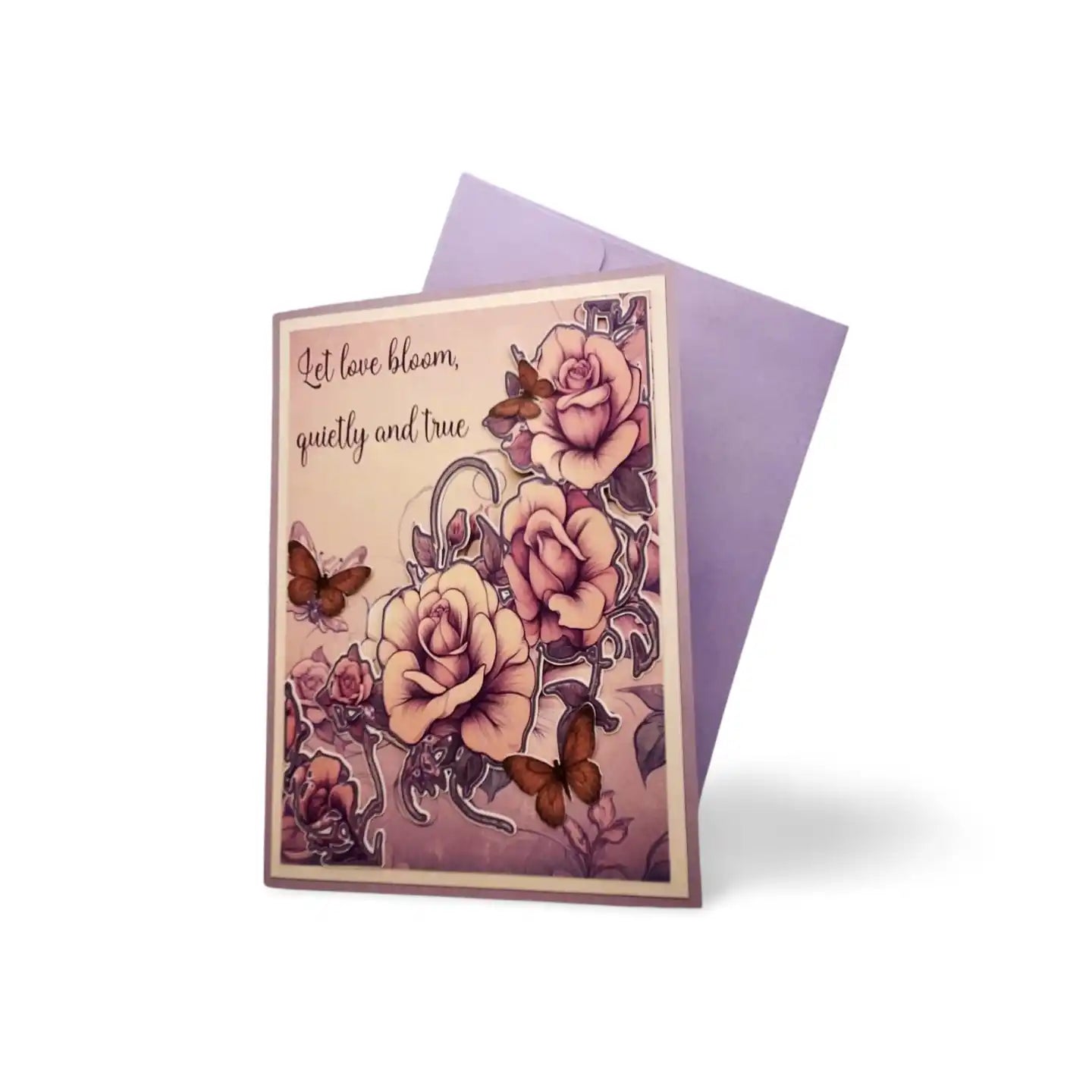 Greeting card with floral design and butterflies on a white background