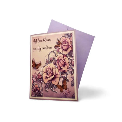 Greeting card with floral design and butterflies on a white background