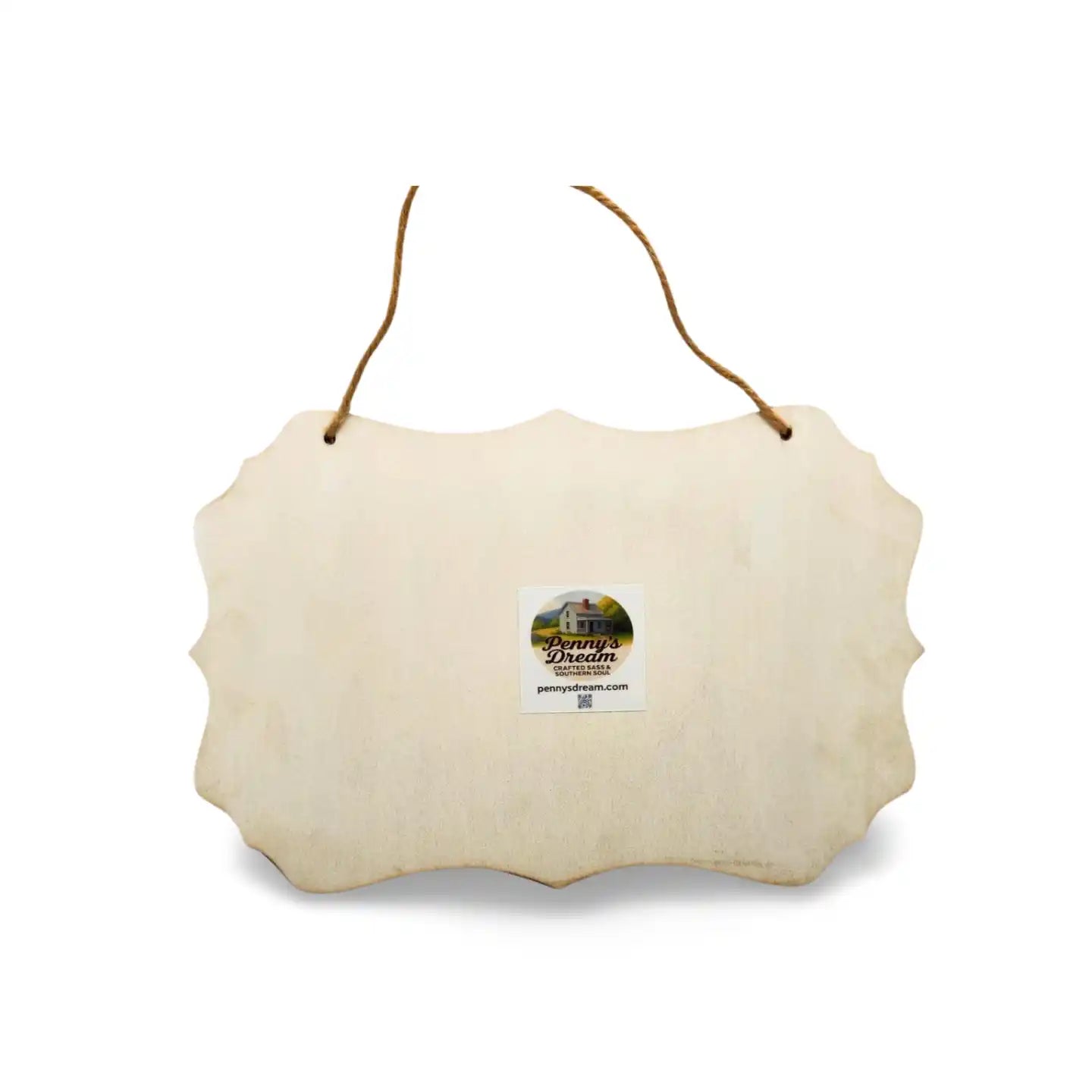 White wooden sign with a label on a white background