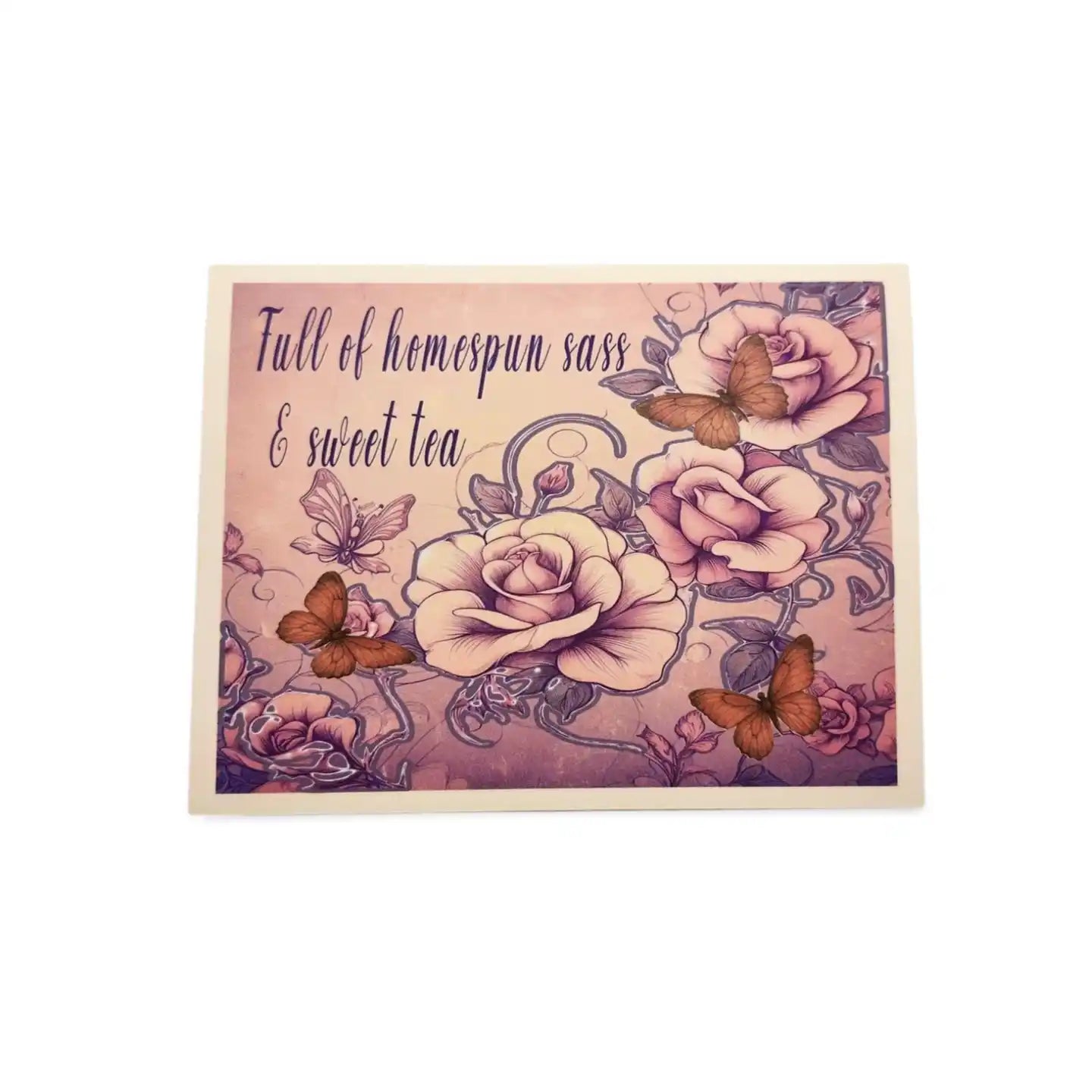 Decorative card with floral design and butterflies on a white background