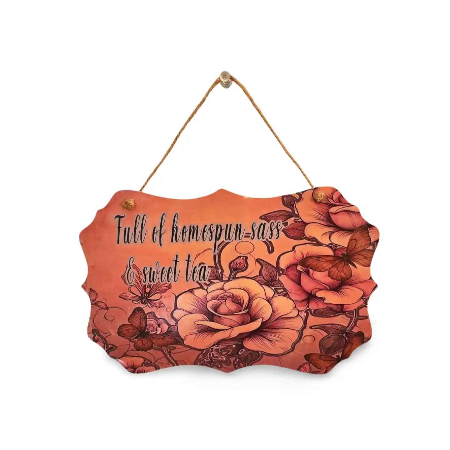 Decorative sign with floral design and text on a white background