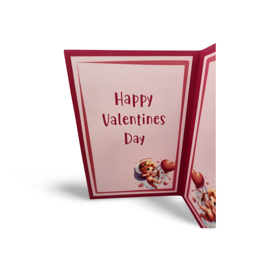 Valentine's Day card with 'Happy Valentine's Day' text and cherub design on a white background
