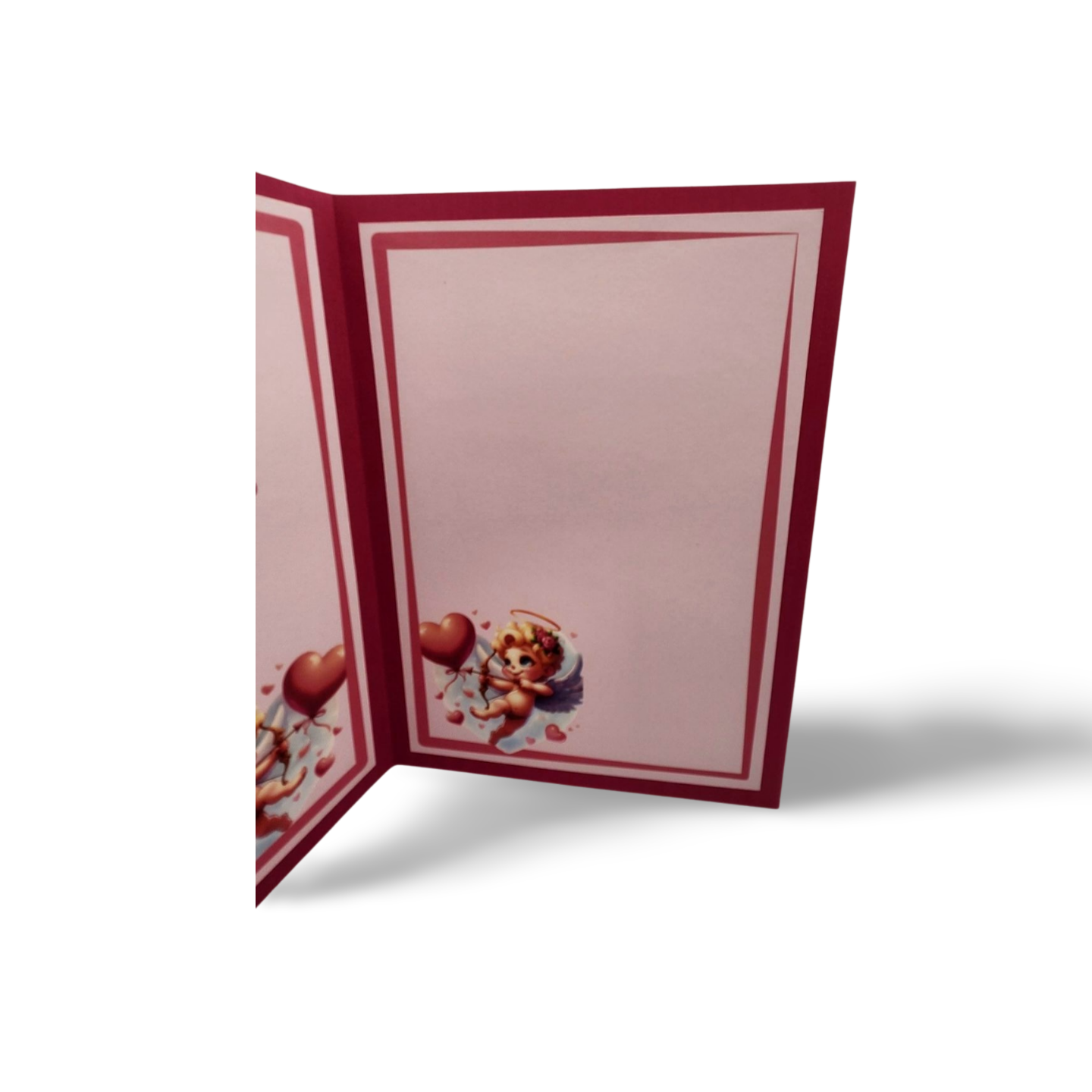 Valentine's Day card with cherub holding hearts on a white background