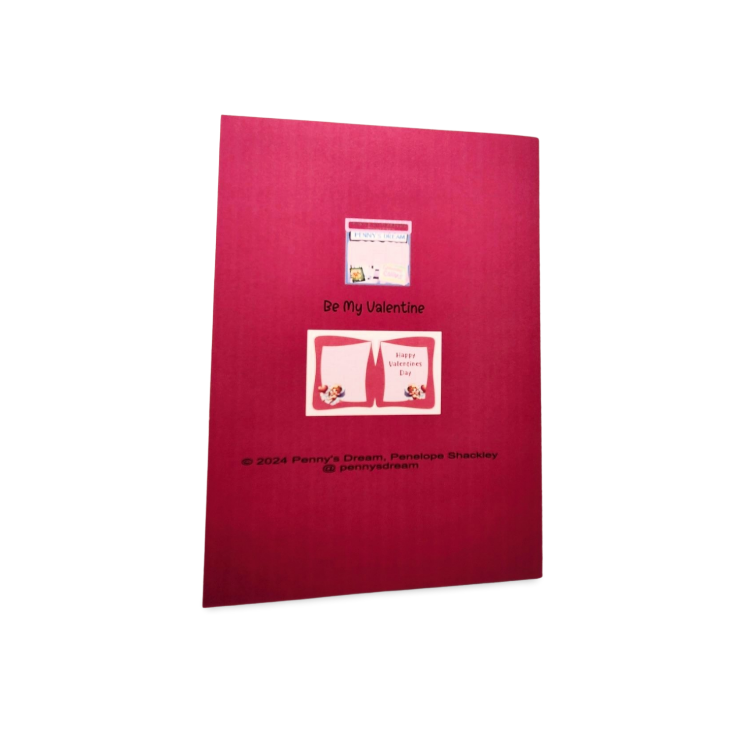 Red card with 'Be My Valentine' text and a small illustration on a white background