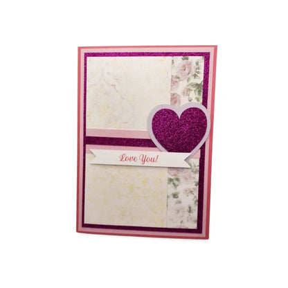 Greeting card with a purple heart and 'Love You!' text on a white background