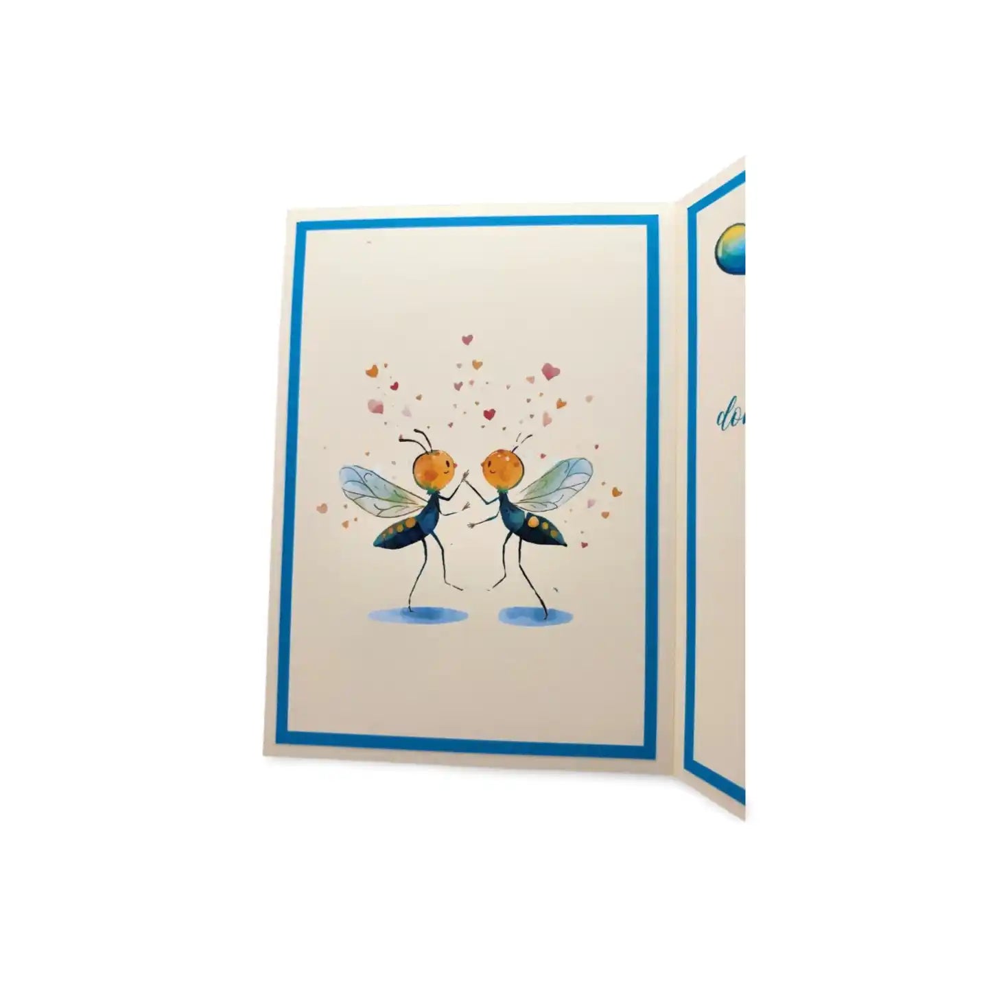 Greeting card with two cartoon bees dancing on a white background