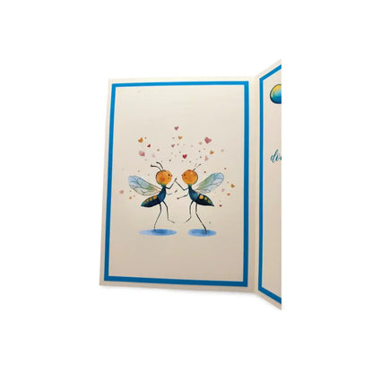 Greeting card with two cartoon bees dancing on a white background