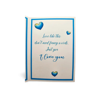 Card with blue hearts and romantic text on a white background