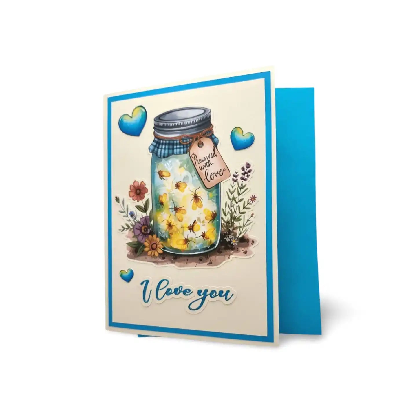 Greeting card with a jar of flowers and 'I love you' text on a white background