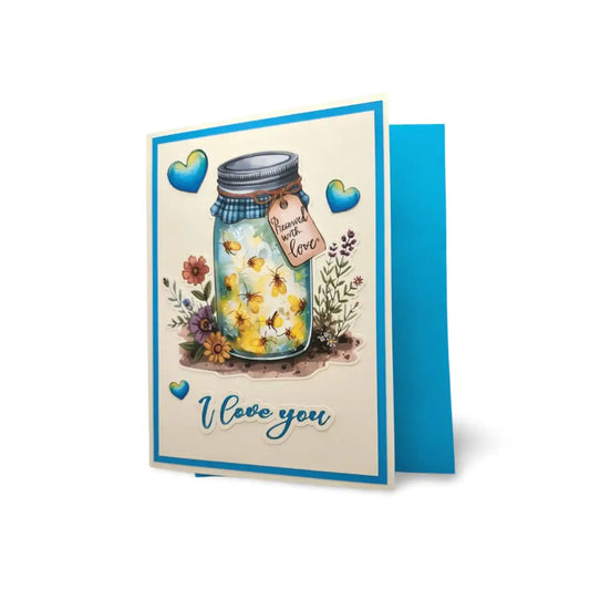Greeting card with a jar of flowers and 'I love you' text on a white background