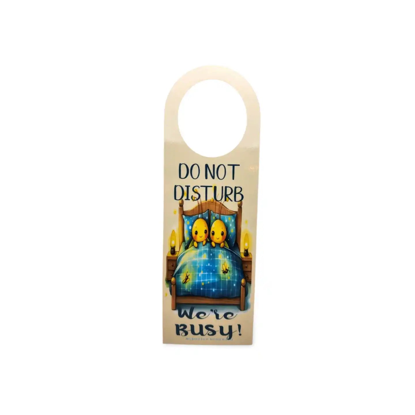 Door hanger with cartoon characters in bed and text 'Do Not Disturb, We're Busy!' on a white background