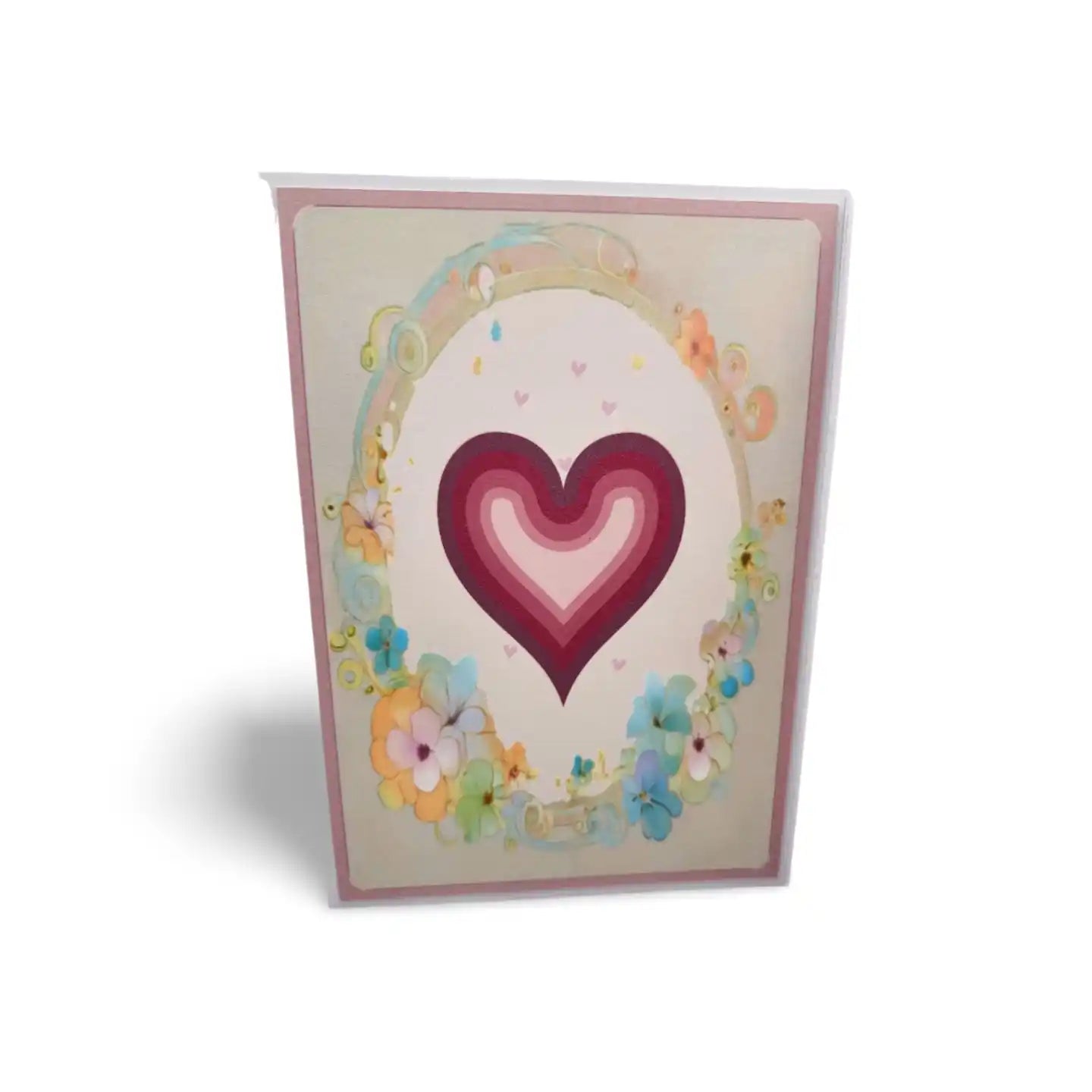 Greeting card with a heart design and floral elements on a white background