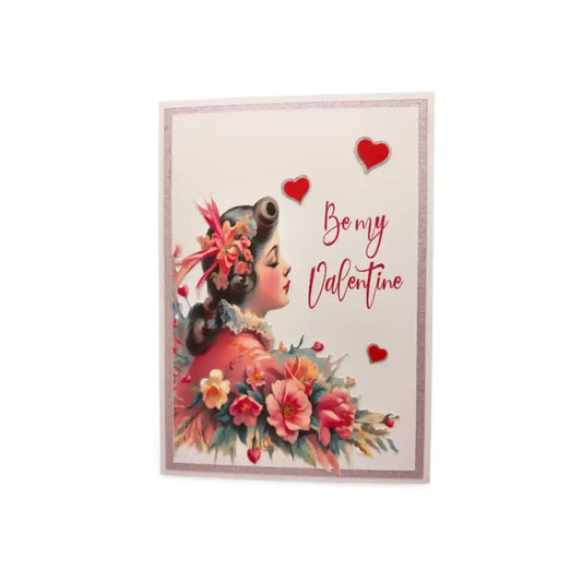 Valentine's Day card with a woman's face, flowers, and 'Be my Valentine' text on a white background.