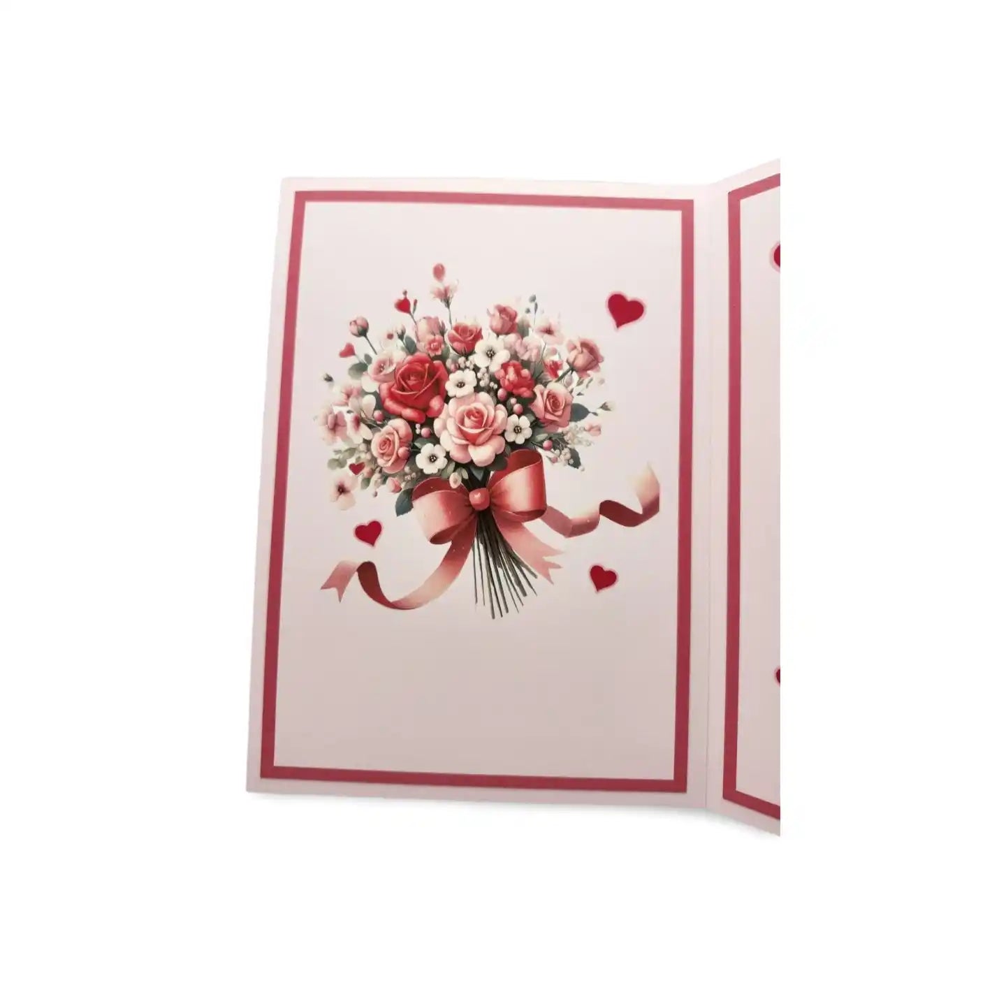 Greeting card with a bouquet of flowers and hearts on a white background