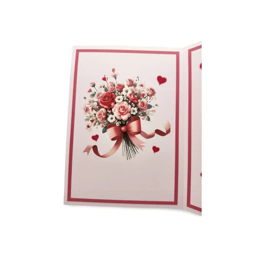 Greeting card with a bouquet of flowers and hearts on a white background