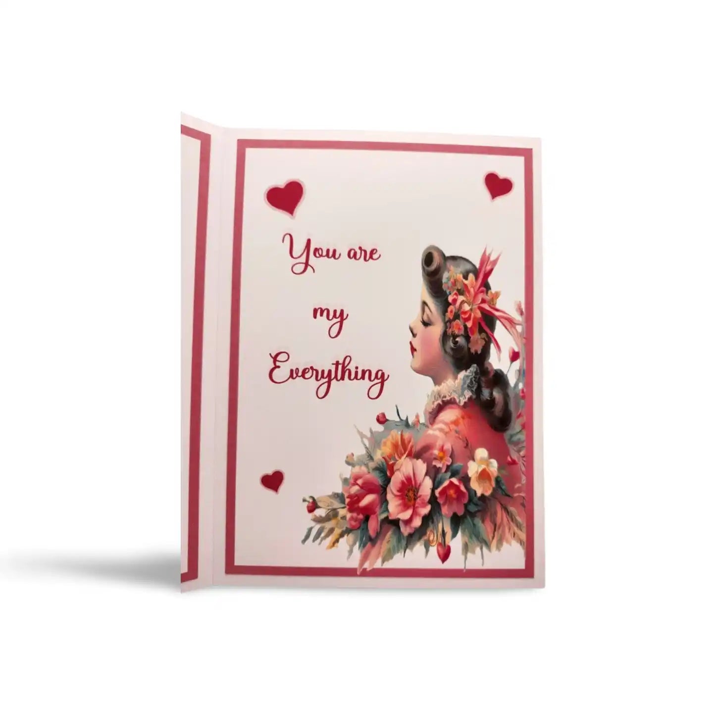 Greeting card with vintage-style illustration of a woman and floral design, featuring the text 'You are my everything' on a white background.